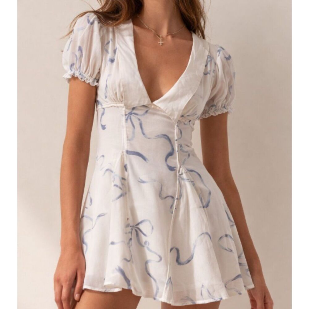 Urban Outfitters White Blue Bow Print Mini Dress Puff Sleeve Small